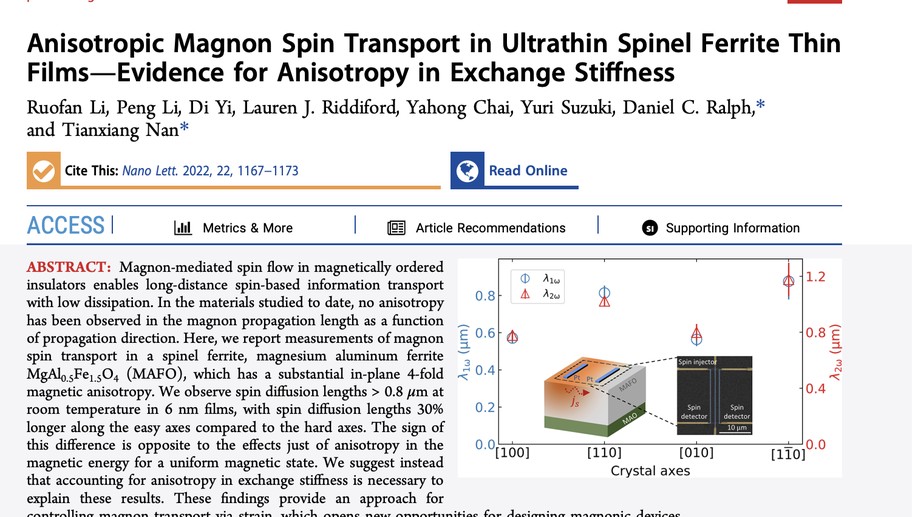 Our work on anisotropic magnon spin transport was published in Nano Letters.